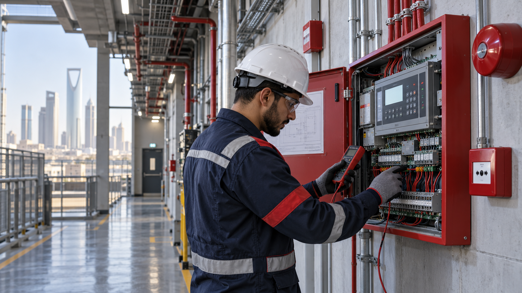 Fire safety engineer commissioning a detection system